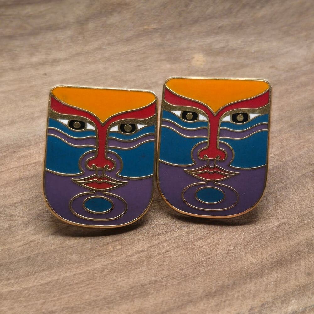 Vintage 1991 Laurel Burch Machado Mask Earrings Cloisonne Enamel Studs
